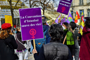Rally in support of Turkish women after Turkey's government abandons the Istanbul Convention, in Paris, France, on March 27, 2021. Turkey withdraws from the Istanbul Convention, a very advanced convention in the condemnation of violence against women. Photo by Karim Ait Adjedjou/Avenir Pictures/ABACAPRESS.COM