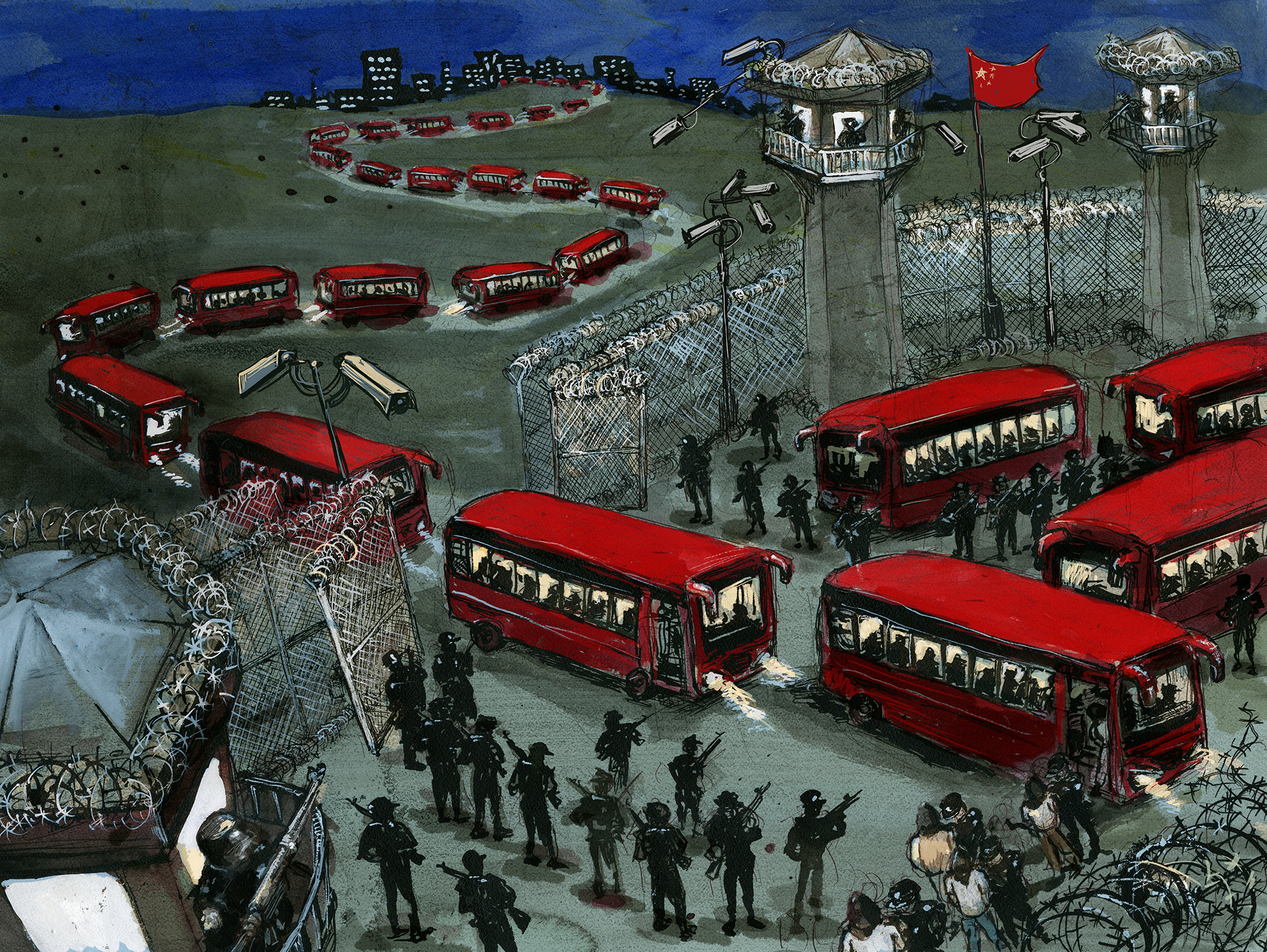 Des bus transportant des détenus arrivent dans un camp d'internement