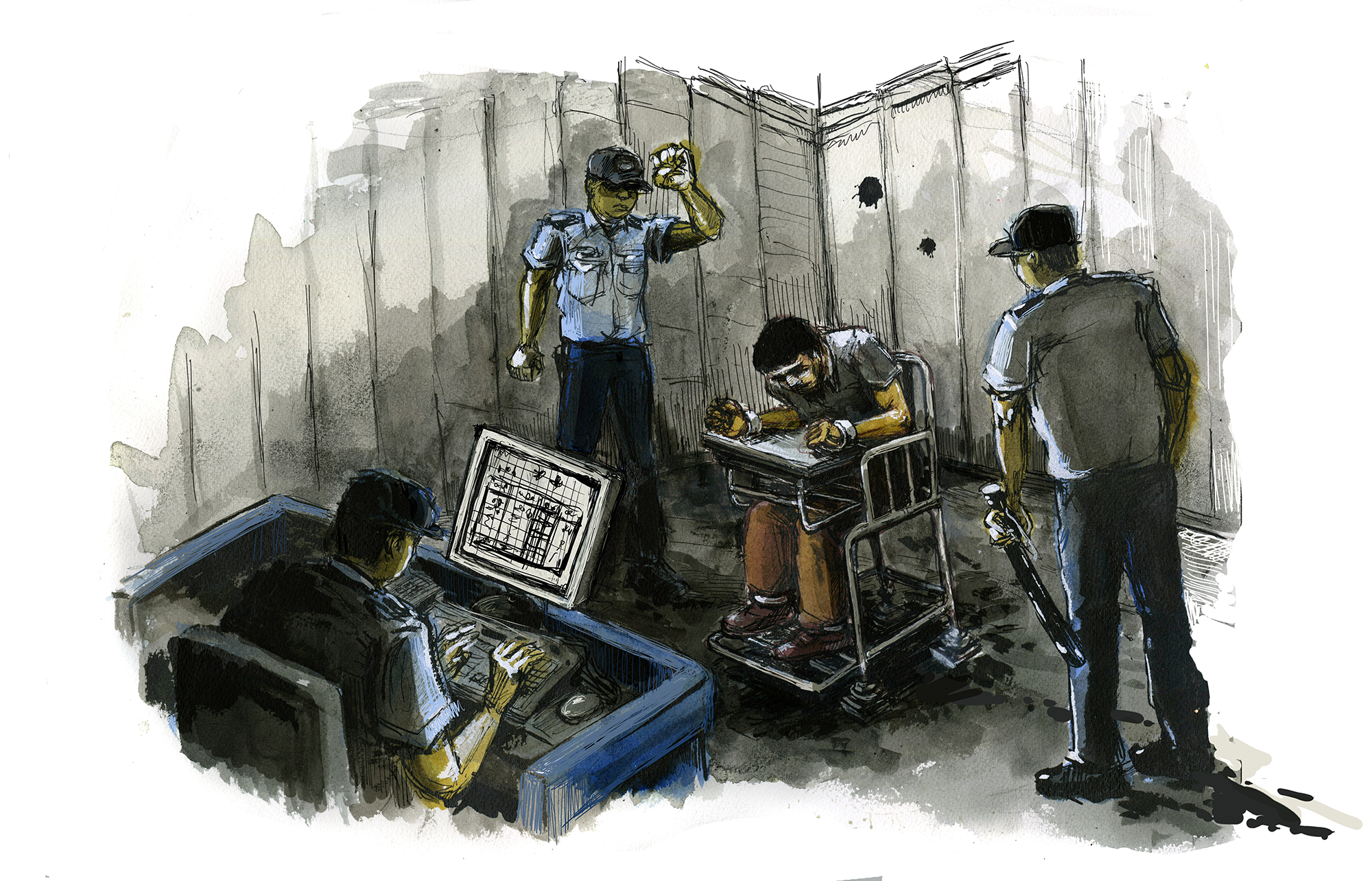 Un homme est interrogé dans un poste de police avant d'être envoyé dans un camp d'internement.