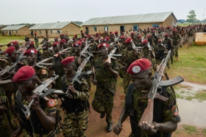 Personnel of the South Sudan People's Defence Forces (SSPDF), formerly named Sudan People's Liberation Army (SPLA), assigned as South Sundan's presidential guard, take part in a drill at their barracks in Rejaf, about 15km south of Juba, South Sudan, on April 26, 2019. - Though the guard is supposed to be comprised of an even share of former SPLA soldiers and former Sudan People's Liberation Army in Opposition (SPLA-IO) soldiers, the two armies have still not commenced training together despite the deadline for the formation of a unity government fast approaching on May 12. (Photo by Alex McBride / AFP) (Photo credit should read ALEX MCBRIDE/AFP via Getty Images)