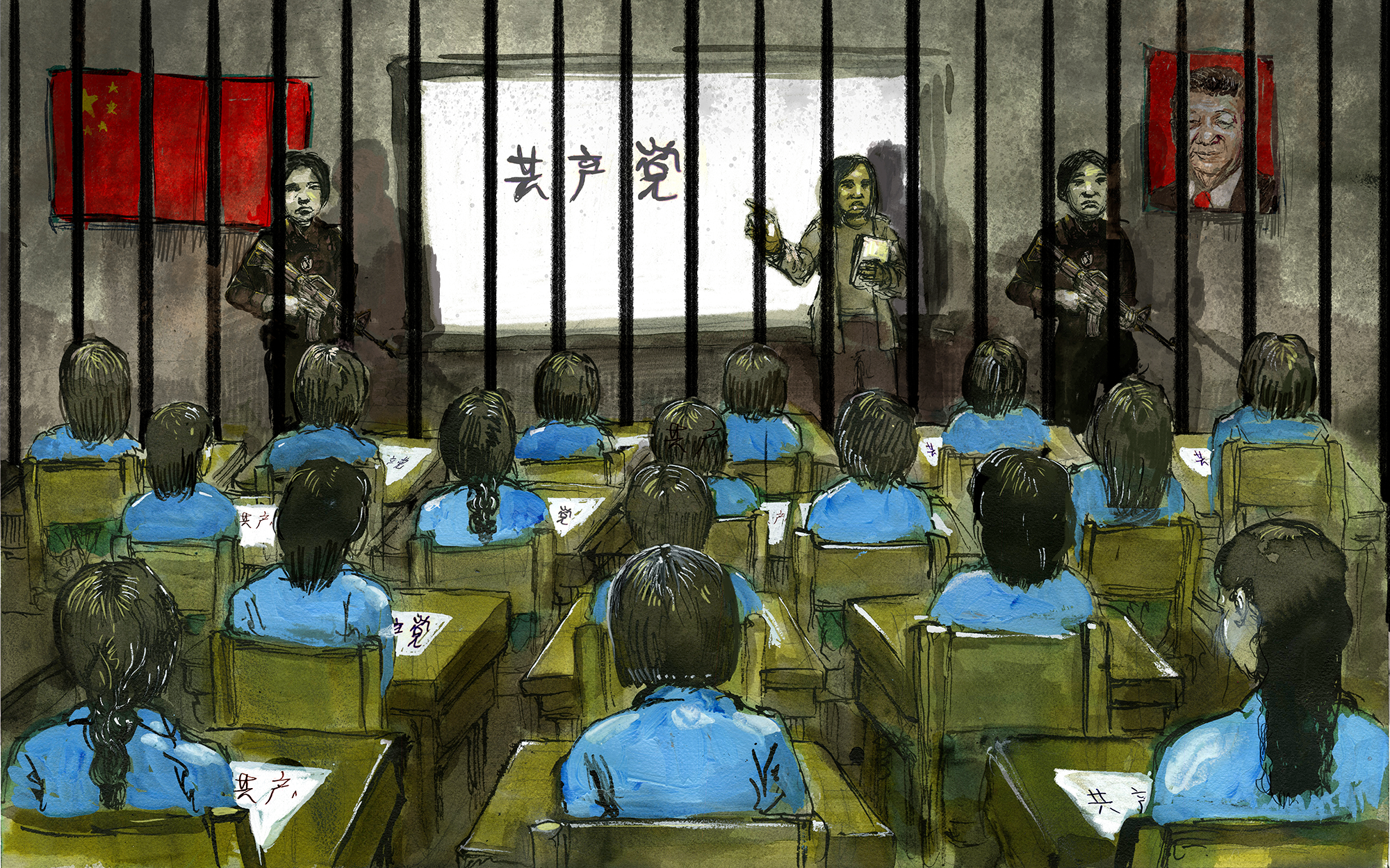 Des gardes entourent un grand groupe de détenus dans un camp d'internement du Xinjiang, en Chine.