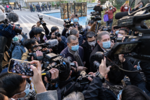Hong Kong pro-democracy media tycoon Jimmy Lai (M) arrives at Court as he faces an appeal against his bail.
The 73-year-old who had been detained under a new national security law was granted bail last week under strict conditions, including house arrest and a ban on social media posts. (Photo by Isaac Wong / SOPA Images/Sipa USA)No Use UK. No Use Germany.