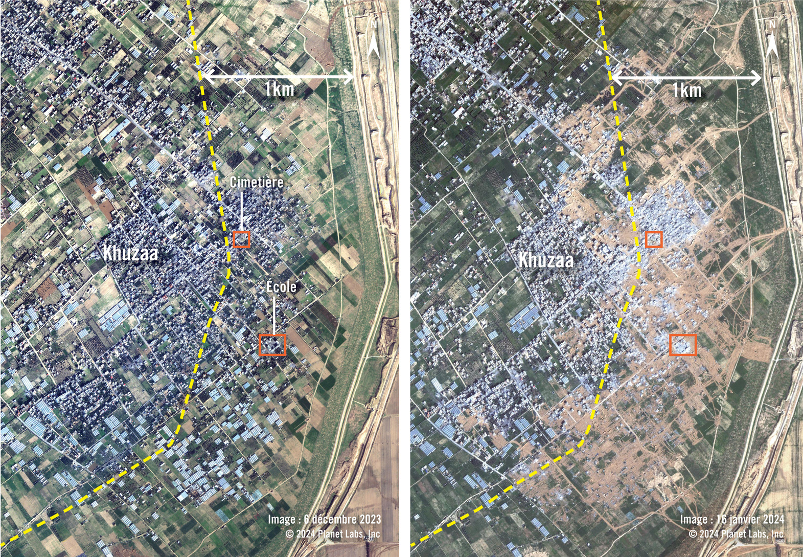 Des images satellites du 6 décembre 2023 et du 16 janvier 2024 montrent la destruction des terres et des structures à Khuzaa. La zone située à moins d’un kilomètre de la barrière de séparation – représentée par une ligne en pointillés jaune – a fait l’objet de destructions intenses, presque toutes les structures ayant été rasées. À certains endroits, la destruction se poursuit au-delà de la zone d’un kilomètre.