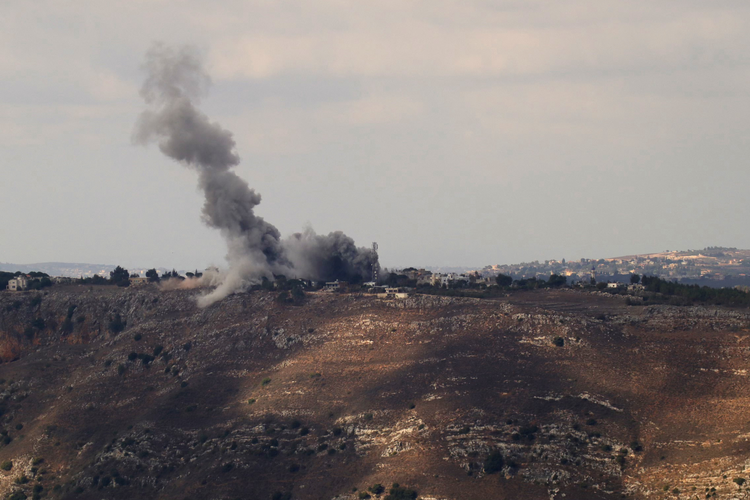 Smoke rises from the site of an Israeli airstrike on the southern Lebanese village of Arnoun on October 17, 2024, amid the continuing war between Hezbollah and Israel.