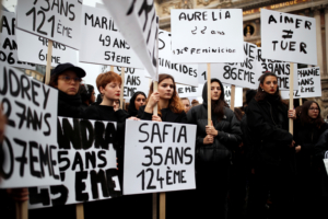 Women hold up signs during a demonstration to protest femicide and violence against women in Paris, France, November 23, 2019. REUTERS/Christian Hartmann
