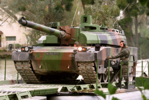 A French made Leclerc tank makes his way across a pontoon bridge erected over the Seine river near Provins, eastern Paris, October 21, as part of 'Yonne 97' a military exercise of the 2nd French armoured division. [Nearly 400 Leclerc tanks were bought by the United Arab Emirates for 3,5 billion dollars].