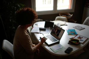 Susana Lorenzo, Spanish teacher at the International Bilingual School (EIB), gives Spanish online lessons from her home in Paris as a lockdown is imposed to slow the rate of the coronavirus disease (COVID-19) spread in France, March 20, 2020. Picture taken on March 20, 2020.