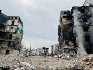 Ukraine High Level Mission, April 2022. Buildings 429 and 429A which were bombed on the 1st of March 2022 in Borodyanka.