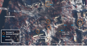 Satellite Image showing areas with significant damage and destruction from the Russian attack on the town of Isium, Ukraine, 12 March 2022.  © 2022 Planet Labs Inc.   Civilians in Izium in Kharkiv Region in eastern Ukraine have been under constant siege since 28 February, and warned that diminishing food and water supplies have left them at breaking point, as remaining civilians hide in their basements.