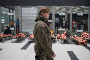 The Mlyny shopping center has been transformed by the polish army into a shelter for refugees as UNHCR announced that at least 350 000 refugees have already fled the country, following the Russian invasion of Ukraine. Korczowa, Poland on February 27, 2022. Photo by Nathan Laine/ABACAPRESS.COM