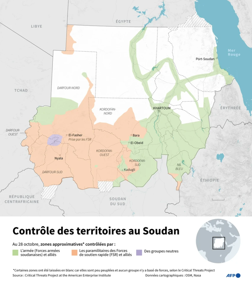 Carte du Soudan indiquant les zones contrôlées par les FAS (en vert) et celles contrôlées par les FSR et leurs alliés (en orange) au 28 octobre 2025 après la chute d’El Fasher.