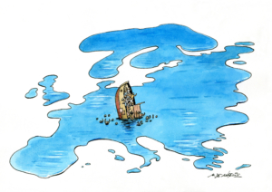 Bateau avec des personnes migrantes qui coule dans la Méditerranée