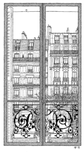 Affiche de l'exposition "fenêtre sur ailleurs" où l'on voit, en noir et blanc, une fenêtre donnant sur l'extérieur